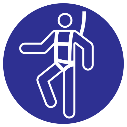 Blauwe sticker met pictogram om aan te duiden dat het dragen van een veiligheidsharnas verplicht is - ISO7010 - M018