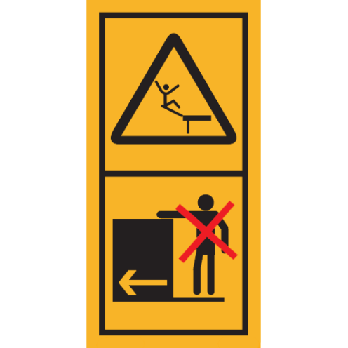 Machinemarkering sticker waarschuwing "Valgevaar van hoogte, niet meerijden op platform of ladder" volgens ISO 11684
