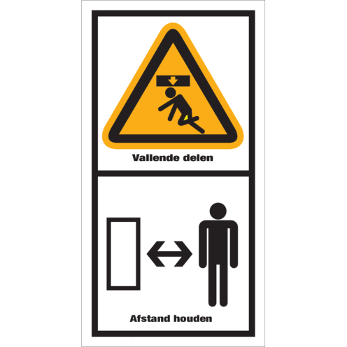 Sticker met pictogram en tekst "Vallende delen - Afstand houden"