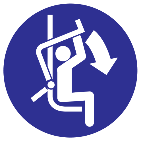 Blauwe sticker met pictogram om aan te duiden dat de veiligheidsbeugel gesloten moet worden