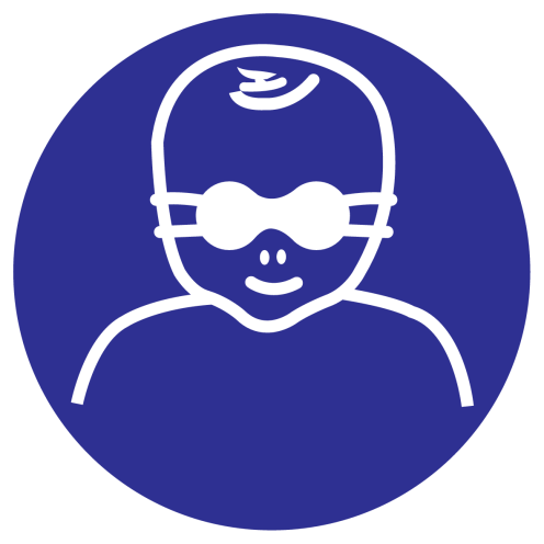 Blauwe sticker met pictogram om aan te duide dat het dragen van een opaak bril voor kinderen verplicht is - ISO7010 - M025