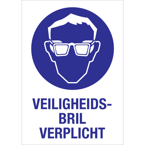 Sticker met pictogram en tekst om aan te duiden dat een veiligheidsbril verplicht is
