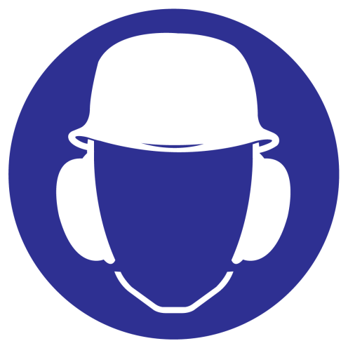 Blauwe sticker met pictogram om aan te duiden dat een helm en gehoorbescherming verplicht is