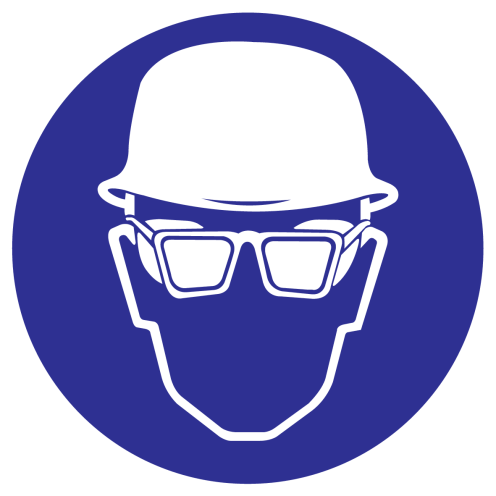 Blauwe sticker met pictogram om aan te duiden dat een oogbescherming en een helm verplicht is