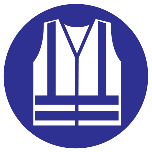 Blauwe sticker met pictogram om aan te duiden dat het dragen van een veiligheidshesje verplicht is - ISO7010 - M015