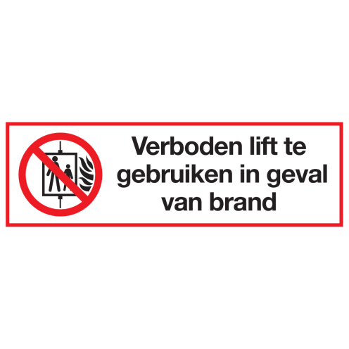 Sticker met pictogram en tekst Verboden lift te gebruiken in geval van brand