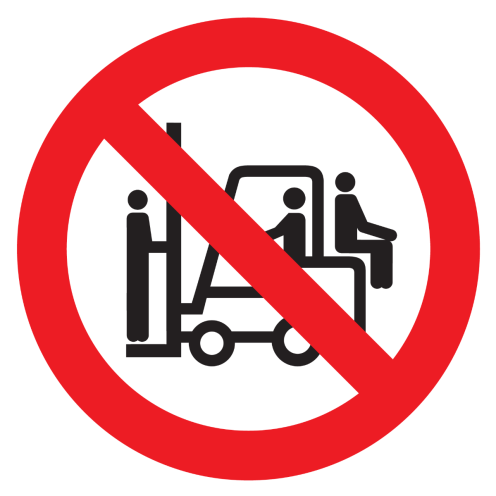 Sticker met pictogram Verboden op heftruck staan of zitten
