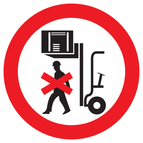 Sticker met pictogram Verboden onder heftruck te lopen of staan