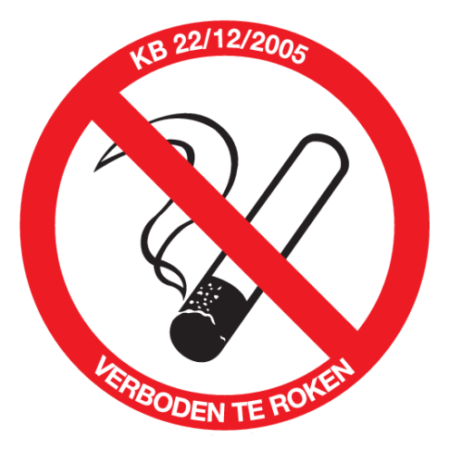 Sticker met pictogram en tekst Verboden te roken volgens KB 22/12/2005