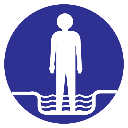 Blauwe sticker met pictogram om aan te duiden dat het gebruik van het voetenbad verplicht is