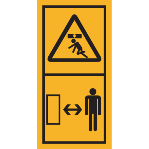 Machinemarkering sticker waarschuwing "Zakkende delen, Afstand Houden tot Machine" volgens ISO 11684