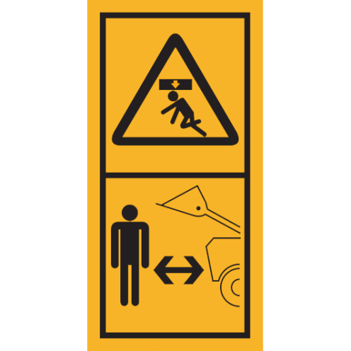 Machinemarkering sticker waarschuwing "Zakkende delen, Afstand tot Bak Houden" volgens ISO 11684