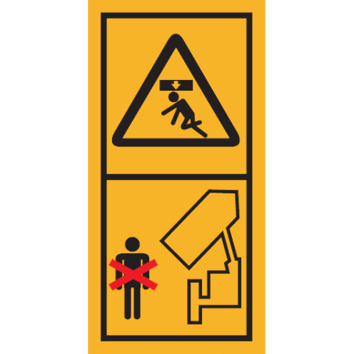 Machinemarkering sticker waarschuwing "Zakkende delen, niet achter machine staan" volgens ISO 11684