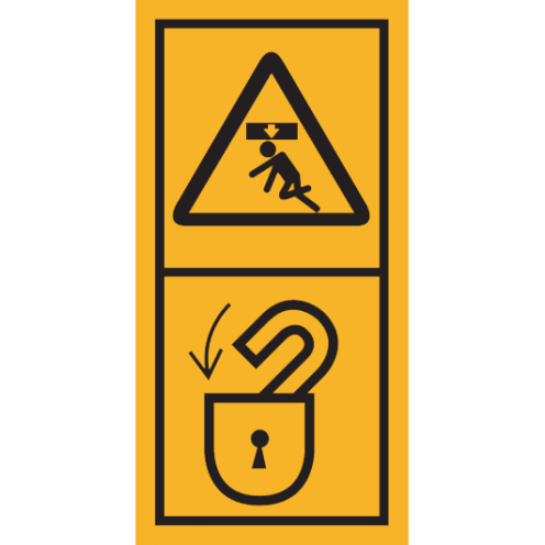 Machinemarkering sticker waarschuwing "Zakkende delen, plaats veiligheidsslot" volgens ISO 11684