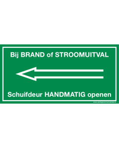 Sticker met pictogram en tekst: Schuifdeur handmatig openen links 