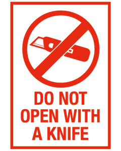 Behandelingsetiket "Do not open with a knife"