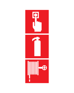 Bord met pictogram van een brandblusser, brandhaspel en handmelder