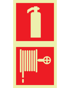 Fotoluminescerend bord met pictogram van een brandblusser en brandslanghaspel 