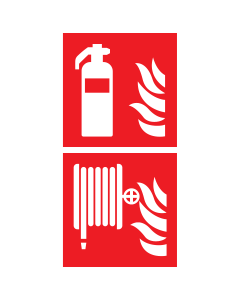 Bord met pictogram van een brandblusser en brandslanghaspel met vlam