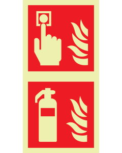 Fotoluminescerend bord met pictogram van een brandblusser en handbrandmelder volgens ISO 7010