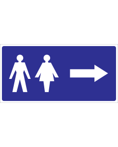 Blauw bordje met pictogram voor aanduiding ruimte voor dames en heren met pijl naar rechts