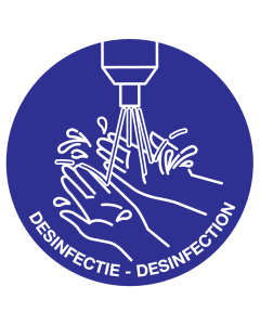 Blauw bord met pictogram om aan te duiden dat desinfectie verplicht is