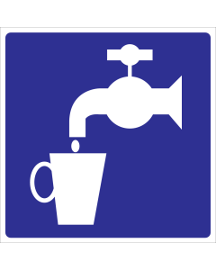 Blauw bord met pictogram van een kraan om drinkbaar water aan te duiden