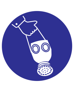 Blauw bord met pictogram om aan te duiden meedragen gasmasker