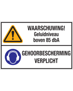 Bord met pictogrammen en tekst: "Waarschuwing Geluidsniveau boven 85 dbA - Gehoorbescherming. Verplicht" - ISO 7010 - W001, M003