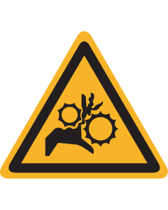 Bord met pictogram Gevaar voor handen - Beknelling tandwielen