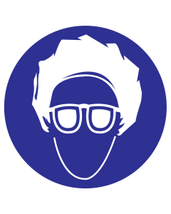 Blauw bord met pictogram om aan te duiden dat een haarnet en oogbescherming verplicht is