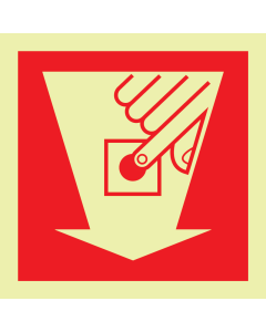 Fotoluminescerend bord met pictogram van een handbrandmelder met pijl