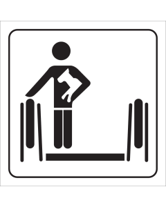 Wit bord met pictogram voor aanduiden dat een hond op de roltrap gedragen moet worden.