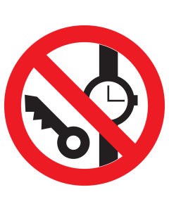 Bord met pictogram verboden voor kleine metalen voorwerpen en horloges