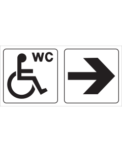 Bord met pictogram mindervaliden voor toilet met pijl naar rechts