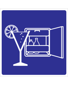 Blauw bord met pictogram van een koelkast voor aanduiding minibar