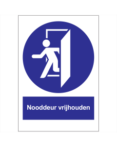 met pictogram en tekst nooddeur vrijhouden blauw/wit NEN 3011