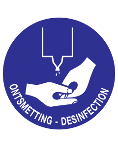 Blauw bord met pictogram om aan te duiden dat ontsmetting verplicht is
