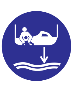 Blauw bord met pictogram om aan te duiden dat de reddingsboot moet laten zakken