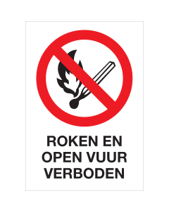Bord met pictogram en tekst roken en open vuur verboden