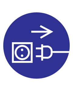 Blauw bord met pictogram om aan te duiden dat het verplicht is om de stekker uit het stopcontact te halen
