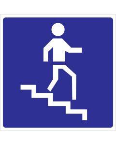 Blauw bord met pictogram voor aanduiden trap omlaag