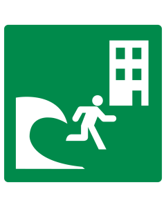 Bord met pictogram tsunami evacuatie gebouw ISO 7010