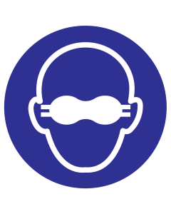 Blauw bord met pictogram voor het aanduiden dat een opaak bril verplicht is - ISO7010 - M007