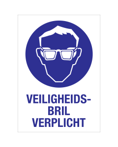 Bord met pictogram en tekst om aan te duiden dat een veiligheidsbril verplicht is