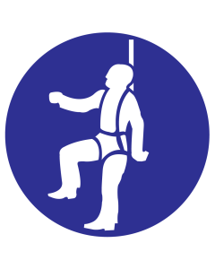 Blauw bord met pictogram om aan te duiden dat een veiligheidsharnas verplicht is