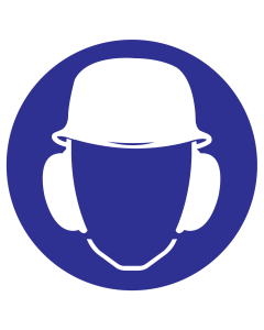 Blauw bord met pictogram voor het aanduiden dat gehoorbescherming en veiligheidshelm verplicht is