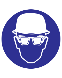 Blauw bord met pictogram om aan te duiden dat oogbescherming en een veiligheidshelm verplicht zijn