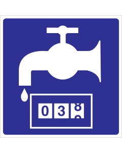 Blauw bordje met pictogram kraan en meter voor het aanduiden van een watermeter