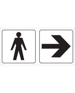 Dubbelzijdig bord met pictogram voor aanduiding ruimte voor heren met een pijl naar rechts/links